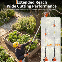Garvee 52cc Gas Pole Saw, 12" Bar 2-Stroke Tree Pruner with 9.5 ft Extendable Reach, Anti-Vibration Handle, Auto Oiler, Aluminum Shaft for Tree Trimming