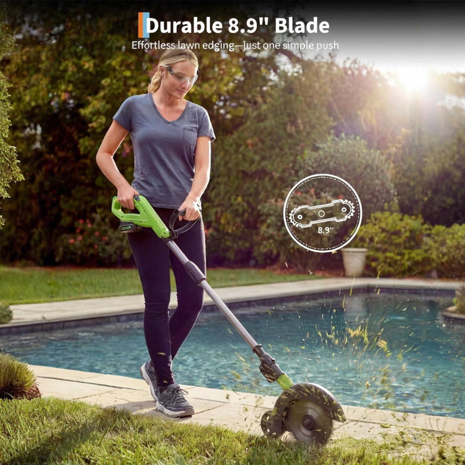 Garvee Cordless Lawn Edger 20V – 9-Inch Steel Blade, 4.0Ah Battery, Dual Wheels, Adjustable Depth for Driveway, Sidewalk & Garden, Light Green