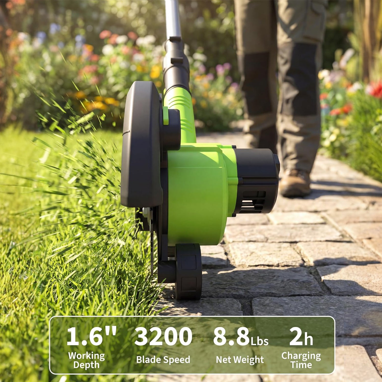 Garvee Cordless Lawn Edger 20V – 9-Inch Steel Blade, 4.0Ah Battery, Dual Wheels, Adjustable Depth for Driveway, Sidewalk & Garden, Light Green