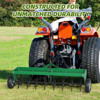 Garvee 48 Inch Tow Behind Plug Aerator, 32 Steel Tines, Heavy-Duty Lawn Aerator with Weight Tray, Universal Hitch & Pneumatic Tires for Lawn & Farm