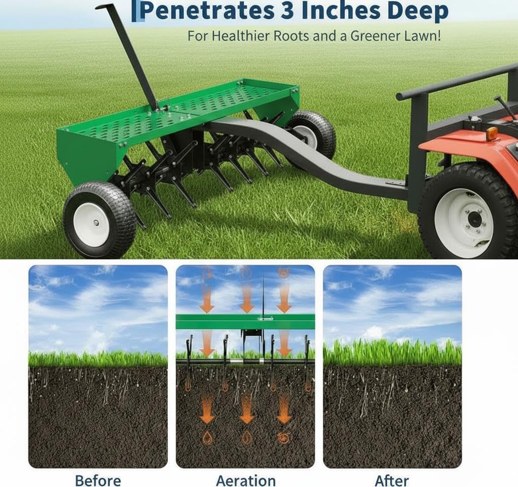 Garvee 48 Inch Tow Behind Plug Aerator, 32 Steel Tines, Heavy-Duty Lawn Aerator with Weight Tray, Universal Hitch & Pneumatic Tires for Lawn & Farm