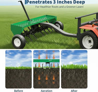 Garvee 48 Inch Tow Behind Plug Aerator, 32 Steel Tines, Heavy-Duty Lawn Aerator with Weight Tray, Universal Hitch & Pneumatic Tires for Lawn & Farm