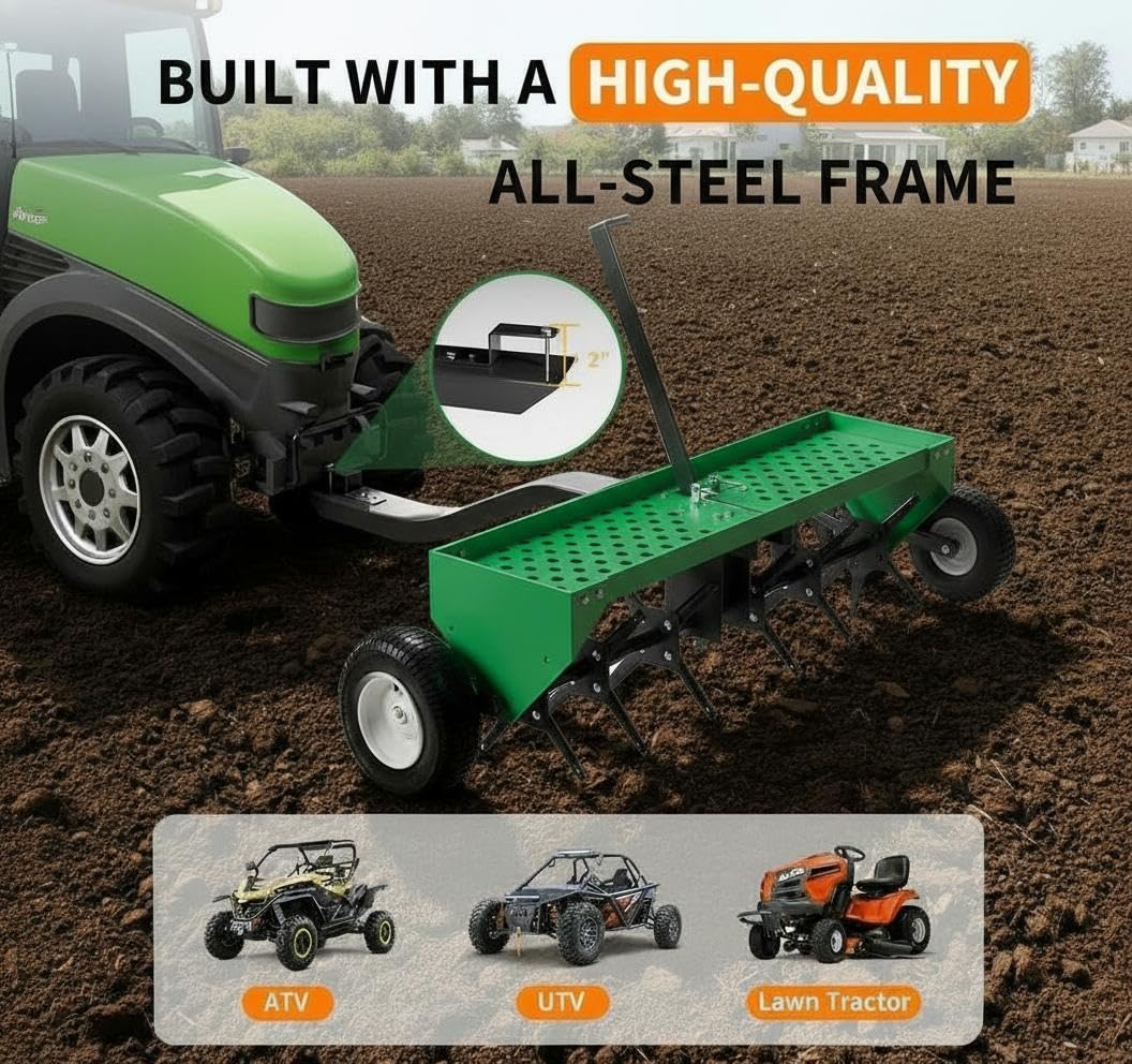 Garvee 48 Inch Tow Behind Plug Aerator, 32 Steel Tines, Heavy-Duty Lawn Aerator with Weight Tray, Universal Hitch & Pneumatic Tires for Lawn & Farm