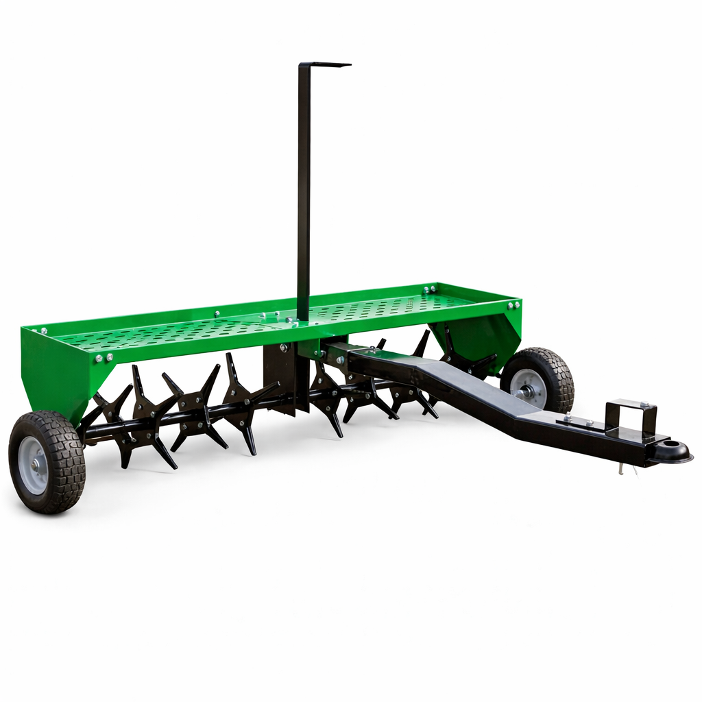 Garvee 48 Inch Tow Behind Plug Aerator, 32 Steel Tines, Heavy-Duty Lawn Aerator with Weight Tray, Universal Hitch & Pneumatic Tires for Lawn & Farm