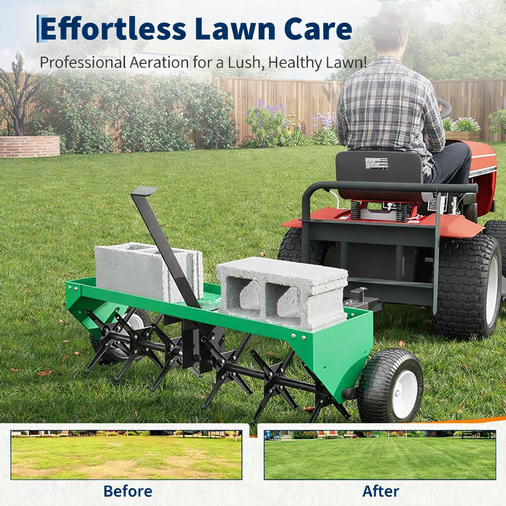 Garvee 40" Tow Behind Plug Aerator for Lawn Tractor & ATV, 24 Steel Tines, 150 lb Weight Tray, Galvanized Steel, Universal Hitch, Inflatable Wheels, Lawn & Garden