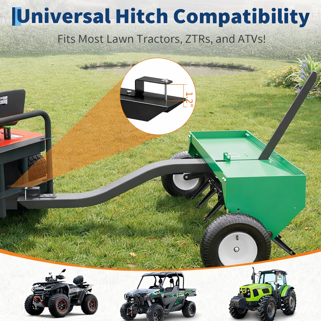 Garvee 40" Tow Behind Plug Aerator for Lawn Tractor & ATV, 24 Steel Tines, 150 lb Weight Tray, Galvanized Steel, Universal Hitch, Inflatable Wheels, Lawn & Garden