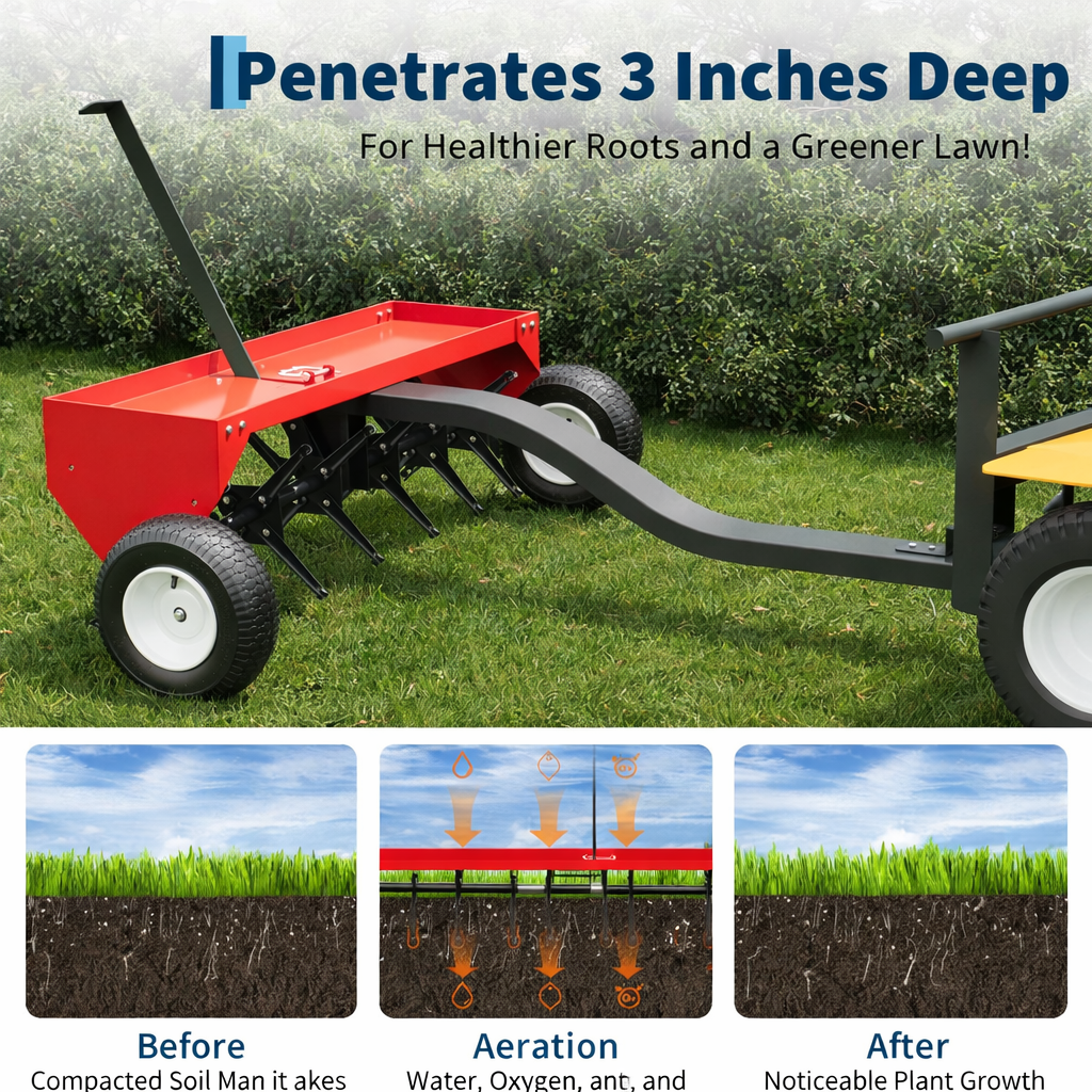 Garvee 40" Tow-Behind Lawn Plug Aerator with 24 Galvanized Steel Tines, 150 lb Weight Tray, Pneumatic Wheels, Deep Core Aeration, Red