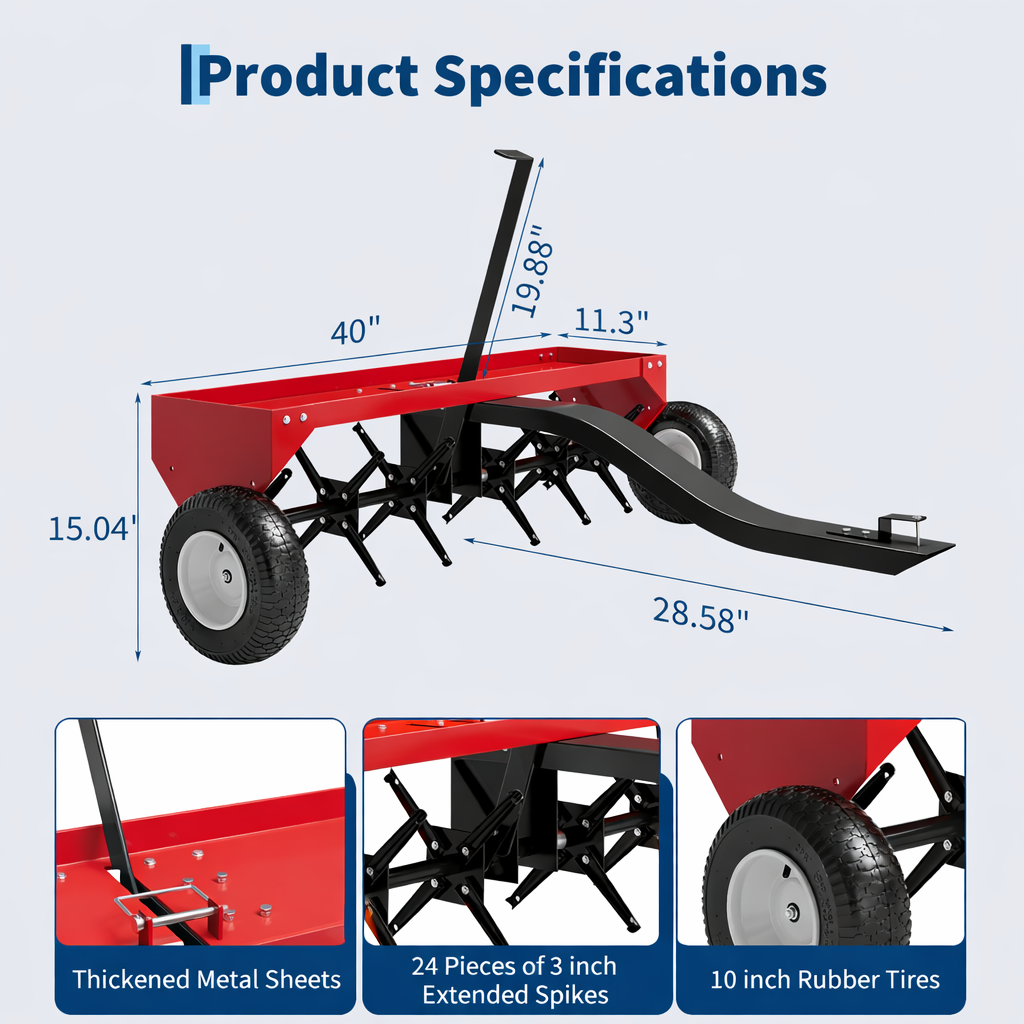 Garvee 40" Tow-Behind Lawn Plug Aerator with 24 Galvanized Steel Tines, 150 lb Weight Tray, Pneumatic Wheels, Deep Core Aeration, Red