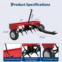 Garvee 40" Tow-Behind Lawn Plug Aerator with 24 Galvanized Steel Tines, 150 lb Weight Tray, Pneumatic Wheels, Deep Core Aeration, Red