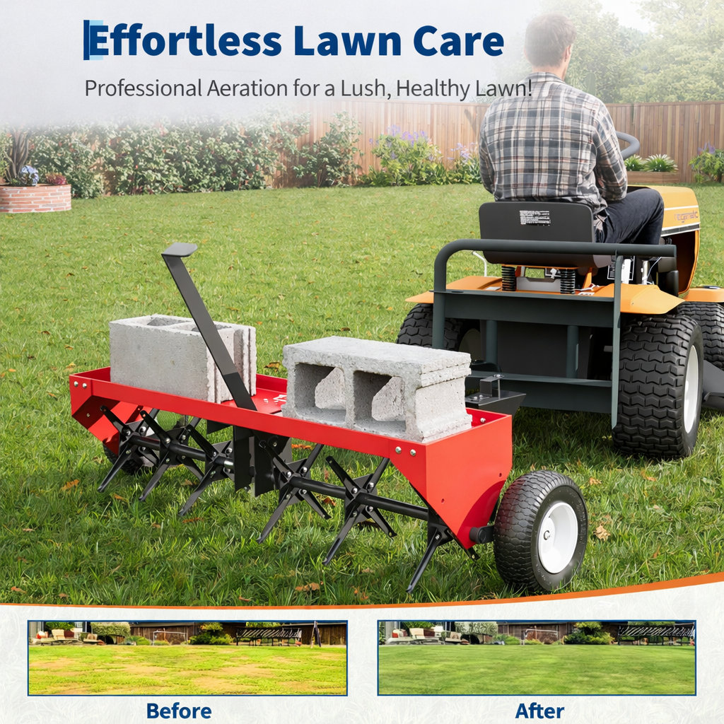 Garvee 40" Tow-Behind Lawn Plug Aerator with 24 Galvanized Steel Tines, 150 lb Weight Tray, Pneumatic Wheels, Deep Core Aeration, Red