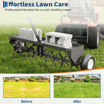 Garvee 40" Tow Behind Plug Aerator, 24 Steel Tines Core Aerator, 150 lb Weight Tray, Heavy-Duty Lawn Aerator with Universal Hitch & Pneumatic Wheels