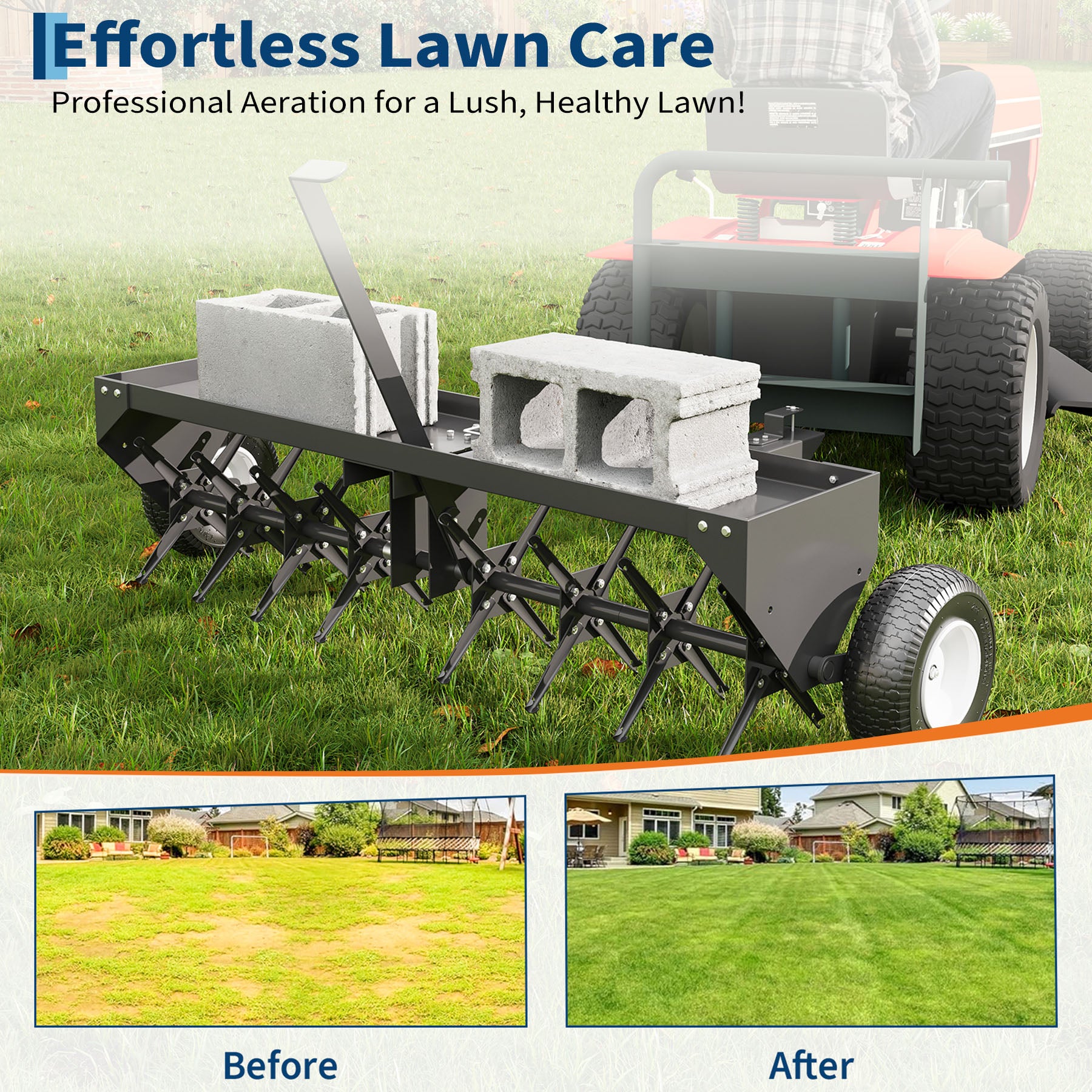 Garvee 40" Tow Behind Plug Aerator, 24 Steel Tines Core Aerator, 150 lb Weight Tray, Heavy-Duty Lawn Aerator with Universal Hitch & Pneumatic Wheels