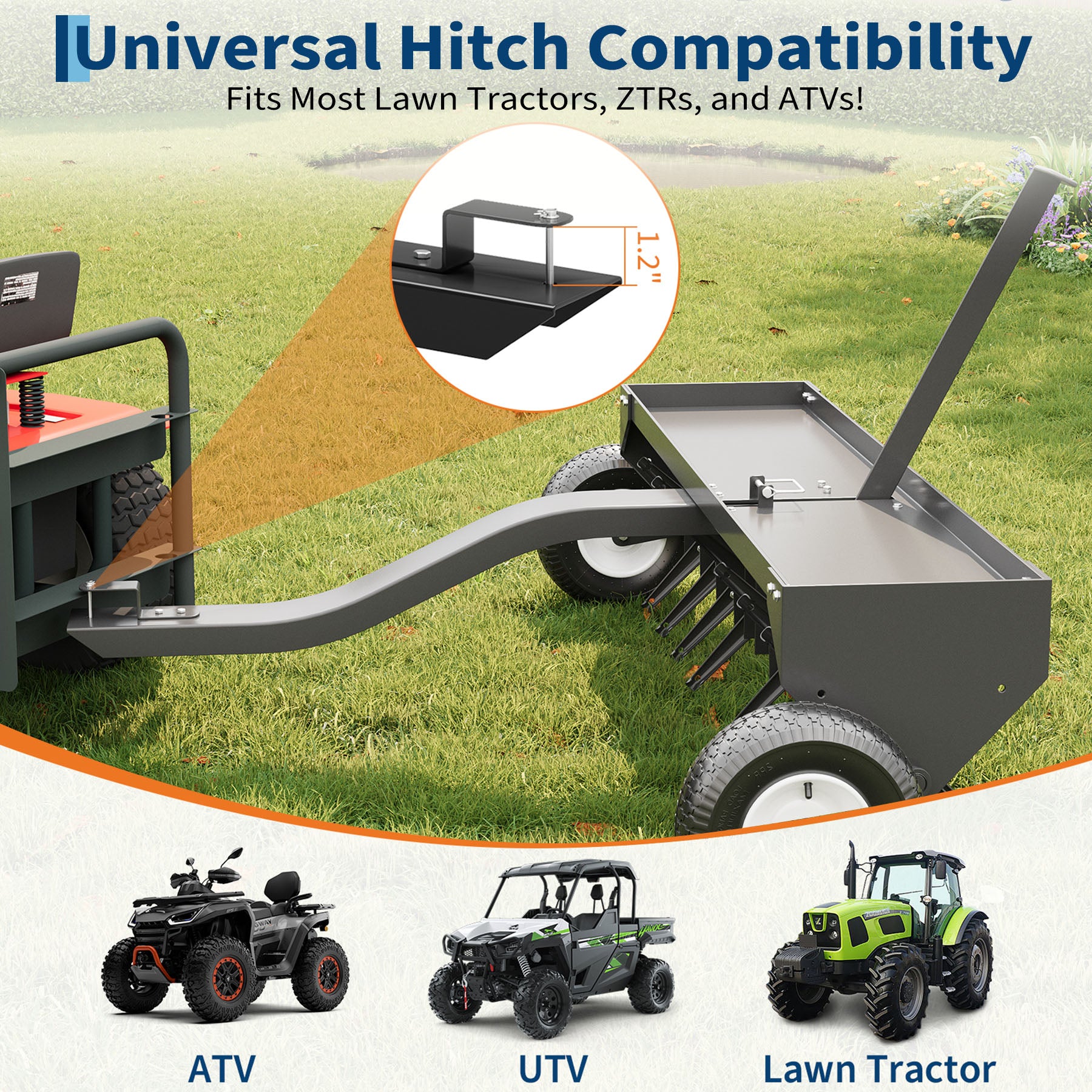 Garvee 40" Tow Behind Plug Aerator, 24 Steel Tines Core Aerator, 150 lb Weight Tray, Heavy-Duty Lawn Aerator with Universal Hitch & Pneumatic Wheels