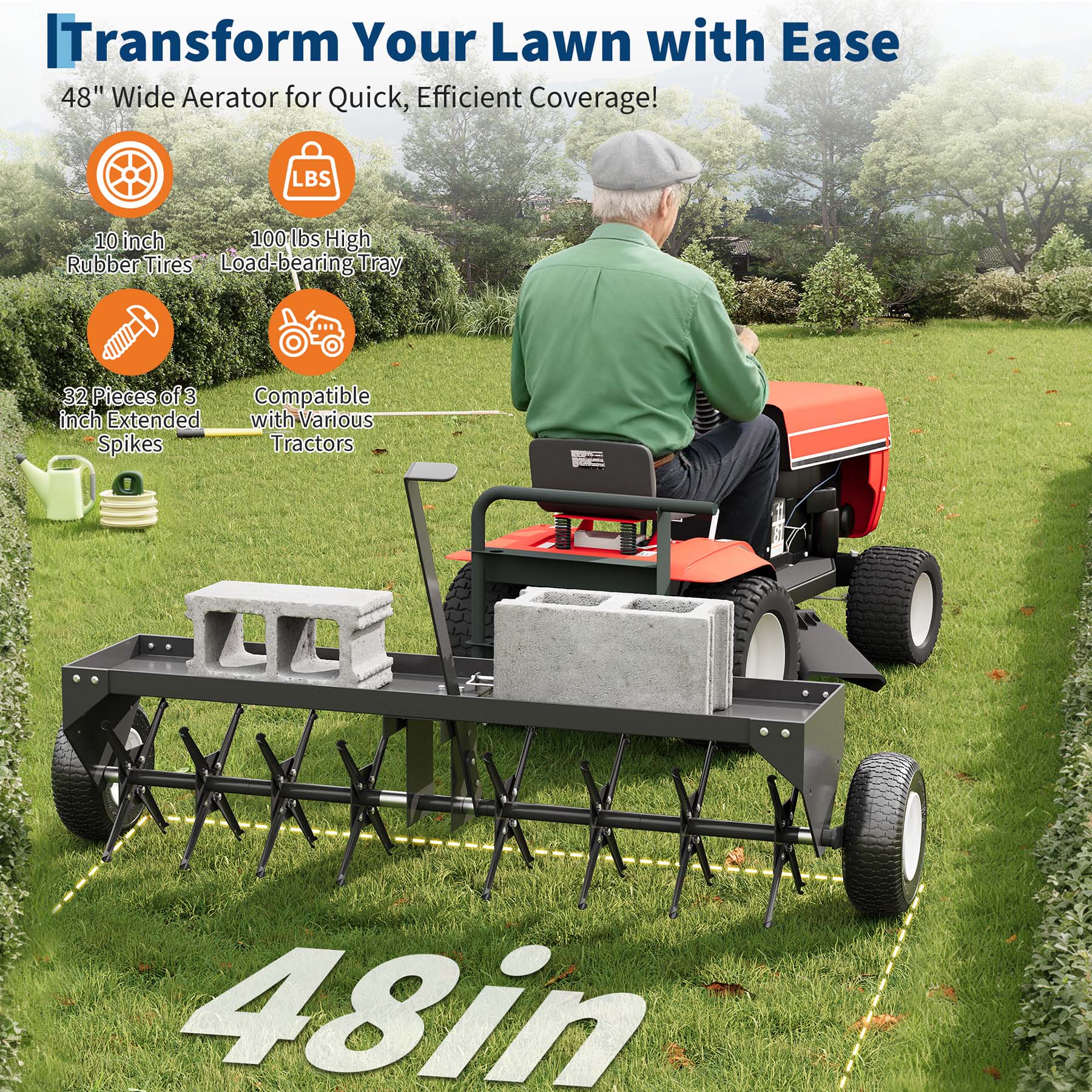 Garvee 40" Tow Behind Plug Aerator, 24 Steel Tines Core Aerator, 150 lb Weight Tray, Heavy-Duty Lawn Aerator with Universal Hitch & Pneumatic Wheels