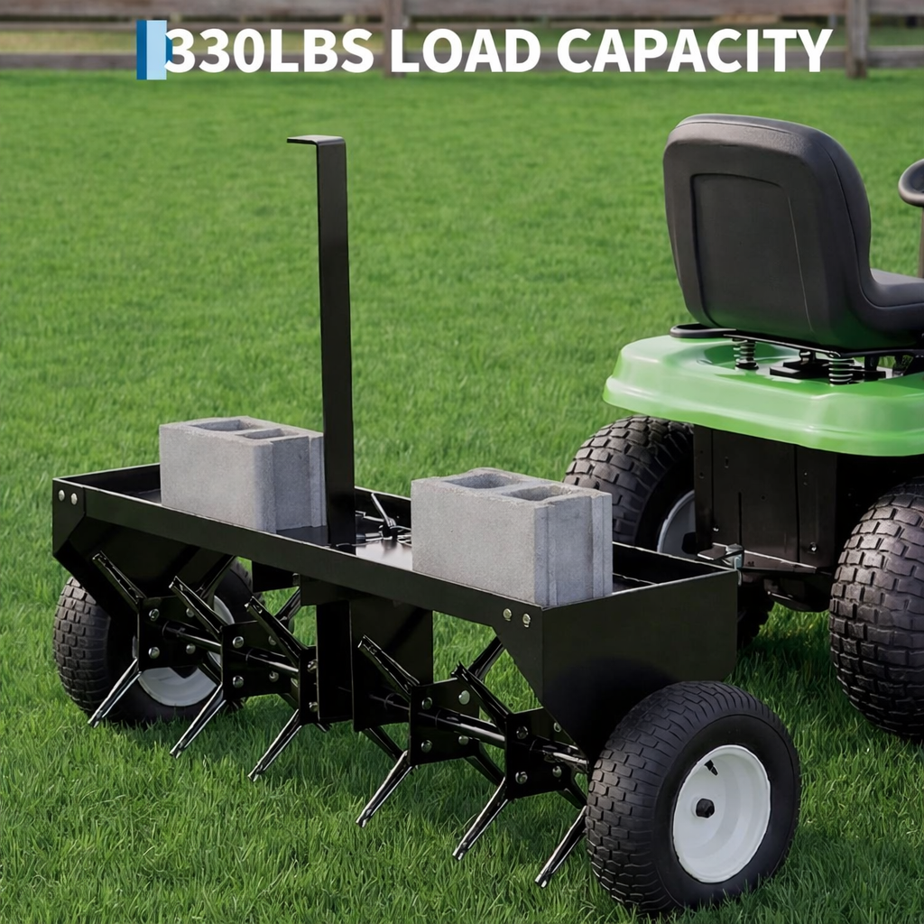 Garvee 48" Tow Behind Lawn Plug Aerator with Steel Tines, Adjustable Weight Tray, Universal Hitch and Inflatable Wheels