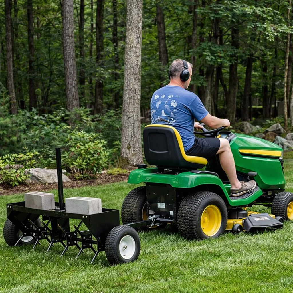 Garvee 48" Tow Behind Lawn Plug Aerator with Steel Tines, Adjustable Weight Tray, Universal Hitch and Inflatable Wheels
