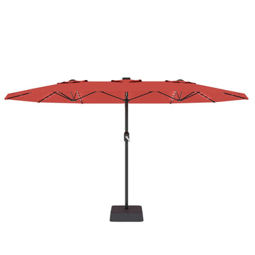 Garvee 15' Rectangular Patio Umbrella with Solar LED Lights & Base, Crank Handle UV-Resistant Outdoor Market Umbrella for Backyard, Pool & Patio, Red