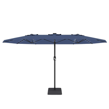 Garvee 15' Rectangular Patio Umbrella with Solar LED Lights & Base, Crank Handle UV-Resistant Outdoor Market Umbrella for Backyard, Pool & Patio, Blue