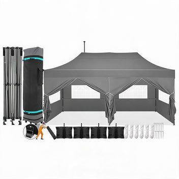 Garvee Pop-Up Canopy Tent, 10 x 20 FT 210D Oxford UPF 50+ Shelter with 6 Sidewalls, 3 Height Settings and Roller Bag, Gray