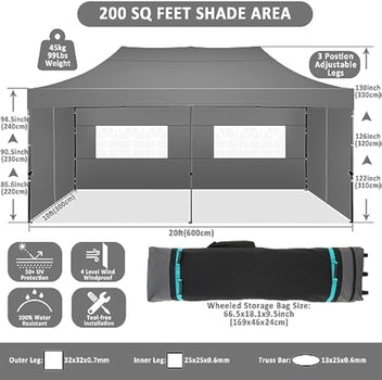 Garvee Pop-Up Canopy Tent, 10 x 20 FT 210D Oxford UPF 50+ Shelter with 6 Sidewalls, 3 Height Settings and Roller Bag, Gray