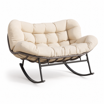 Garvee Oversized Papasan Rocking Chair Set, 2-Person Large Rattan Wicker Egg Chair with Ottoman, Lounge Rocker for Patio, Backyard, Indoor/Living Room, Beige