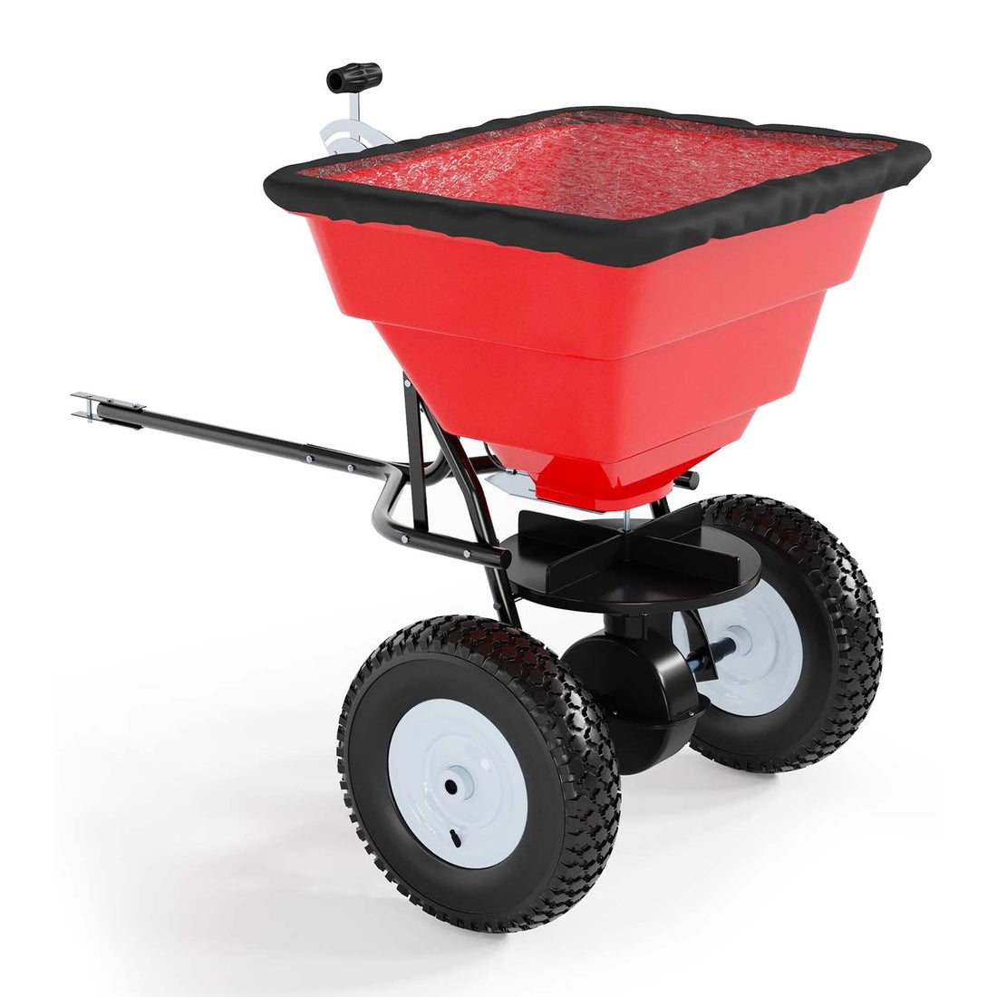 Garvee 85 lbs Tow Behind Broadcast Spreader with Hopper Cover, Adjustable Flow Control & 3 m Spread Width, Steel Frame Lawn Spreader with Universal Hitch for Seed, Fertilizer, Salt, Ice Melt, Red