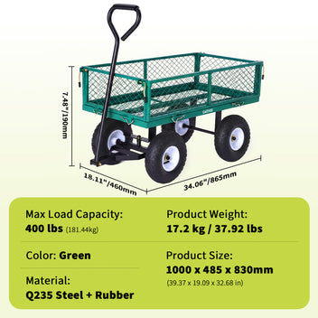 Garvee 400 lb Garden Cart Wagon, Heavy Duty Utility Cart with 10" Pneumatic Tires, Steel Frame, Removable Mesh Sides,Green
