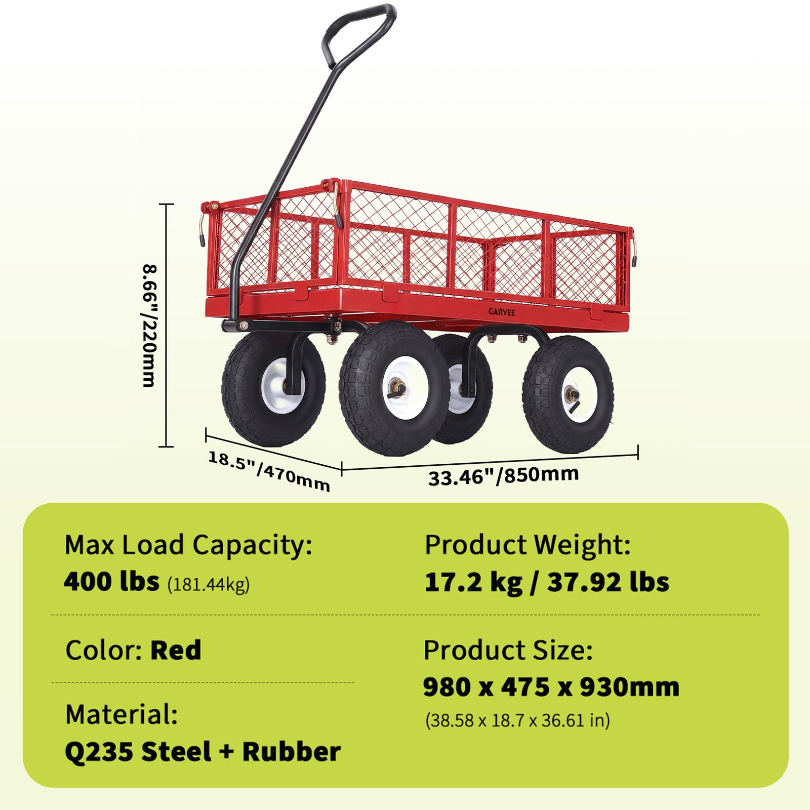 Garvee 400 lb Garden Cart Wagon, Heavy Duty Utility Yard Cart with 10" Pneumatic Tires, Removable Mesh Sides, Easy Maneuver, Red