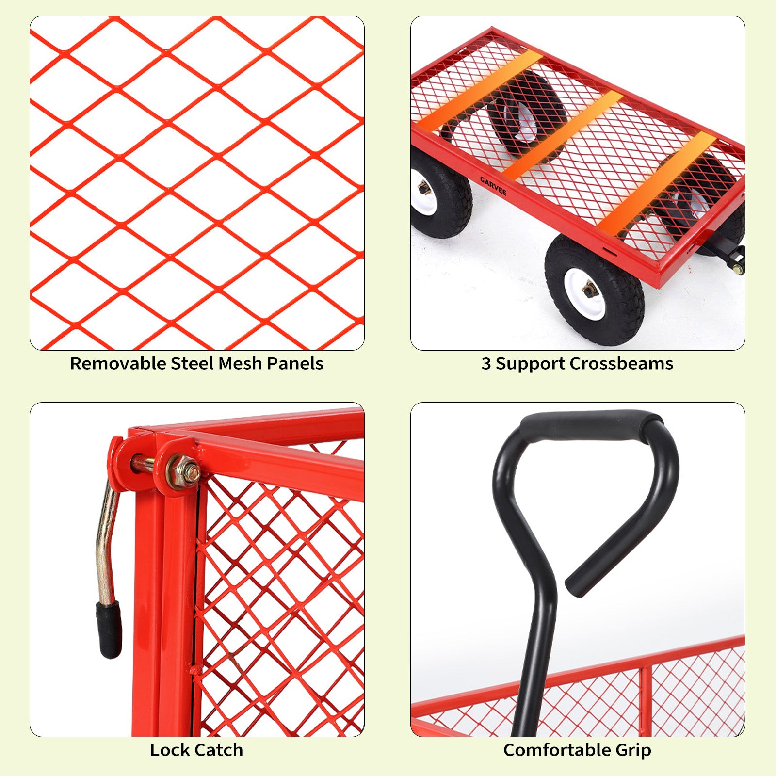 Garvee 400 lb Garden Cart Wagon, Heavy Duty Utility Yard Cart with 10" Pneumatic Tires, Removable Mesh Sides, Easy Maneuver, Red