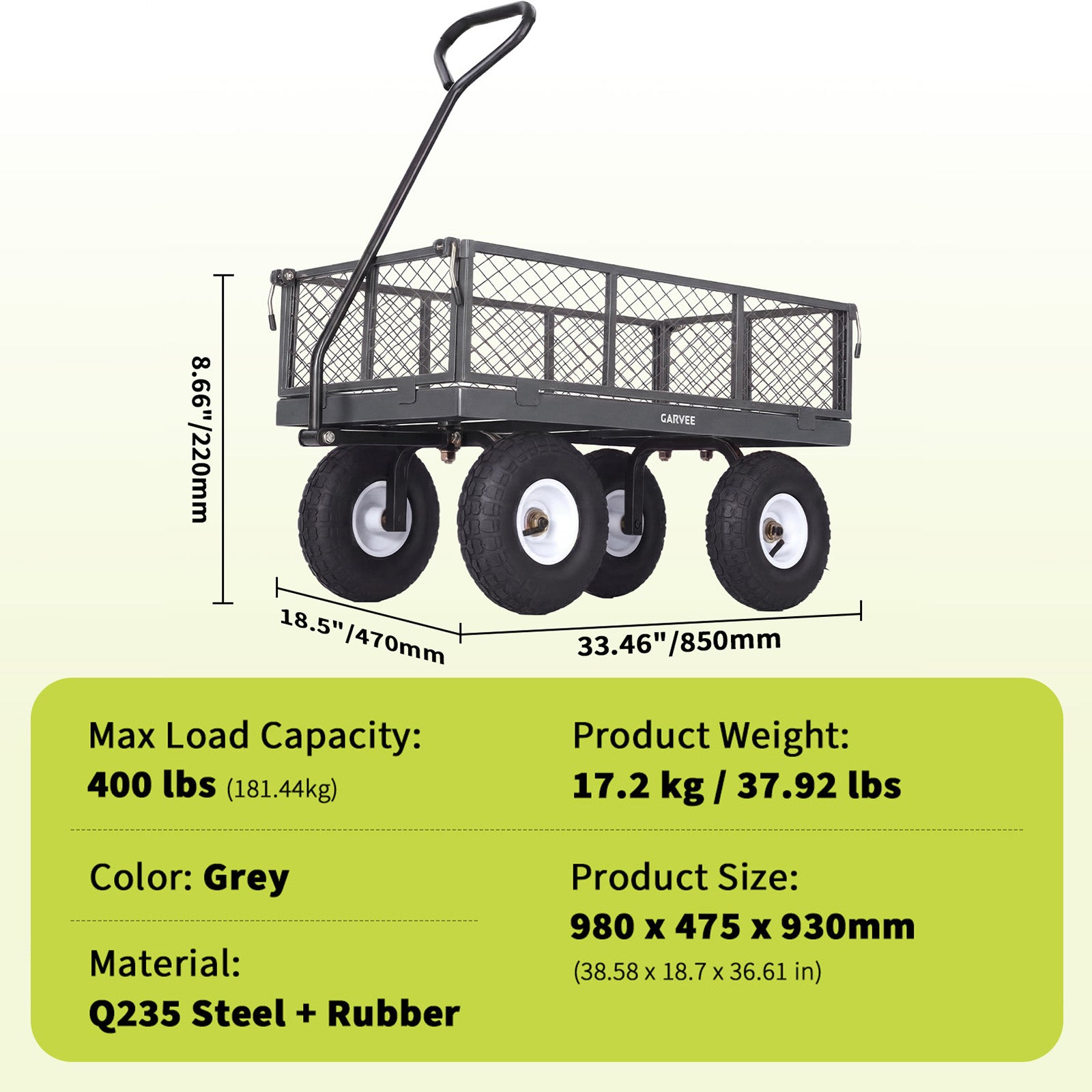 Garvee 400 lb Garden Cart Wagon, Heavy Duty Utility Yard Cart with 10" Pneumatic Tires, Removable Mesh Sides, Easy Maneuver, Gray