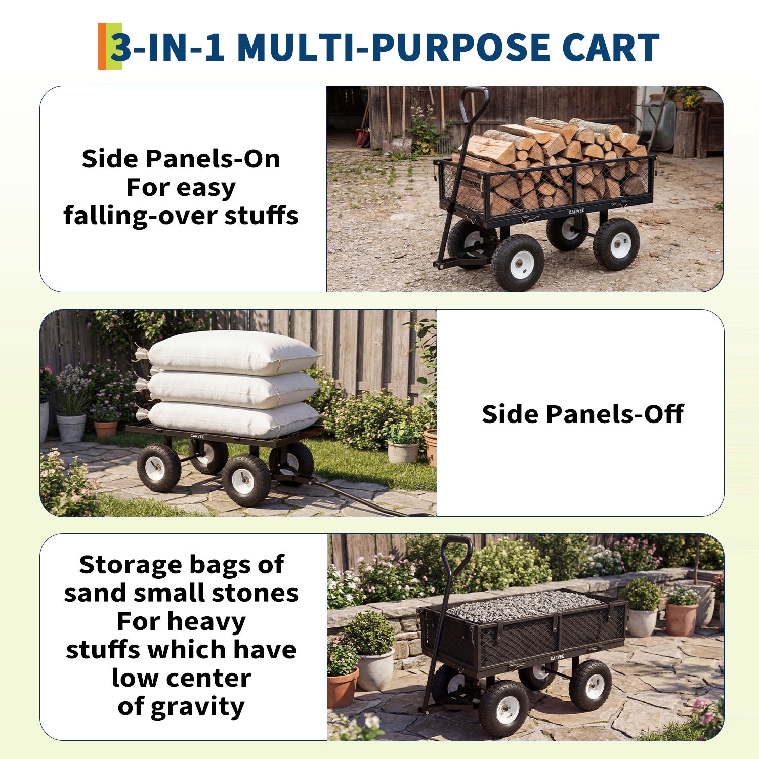 Garvee 400 lb Garden Cart Wagon, Heavy Duty Utility Cart with 10" Pneumatic Tires, Steel Frame, Removable Mesh Sides,Black