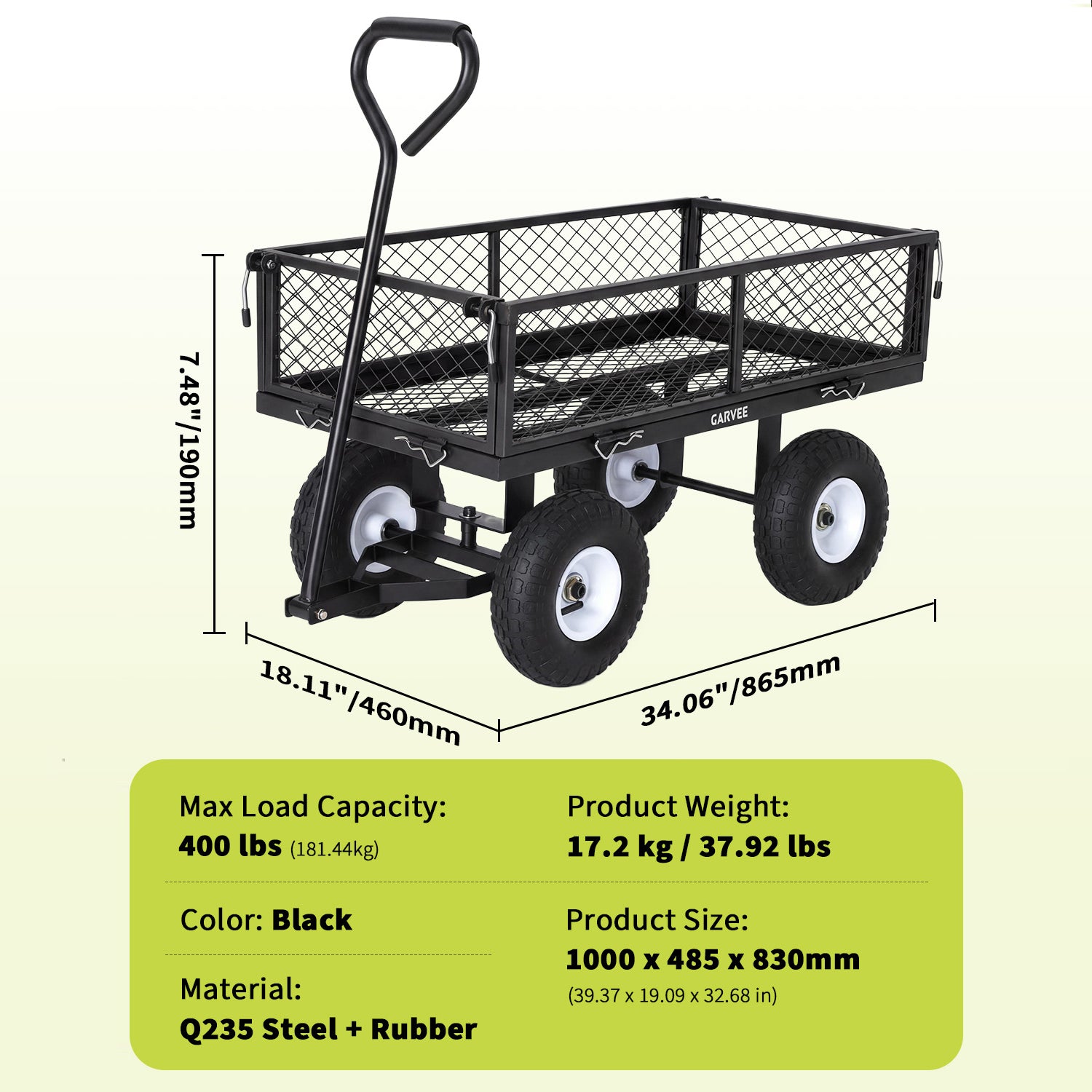 Garvee 400 lb Garden Cart Wagon, Heavy Duty Utility Yard Cart with 10" Pneumatic Tires, Removable Mesh Sides, Easy Maneuver, Black