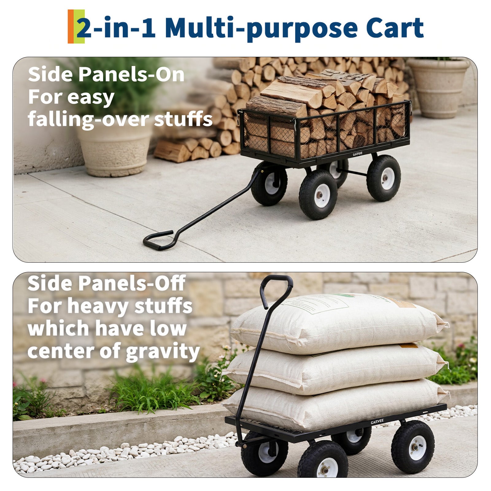 Garvee Versatile Outdoor Utility Cart - 800LBS Heavy-Duty, 10" All-Terrain Pneumatic Tires, Easy Maneuverable Lawn Cart with Removable Mesh Panels for Gardening & Landscaping, Black