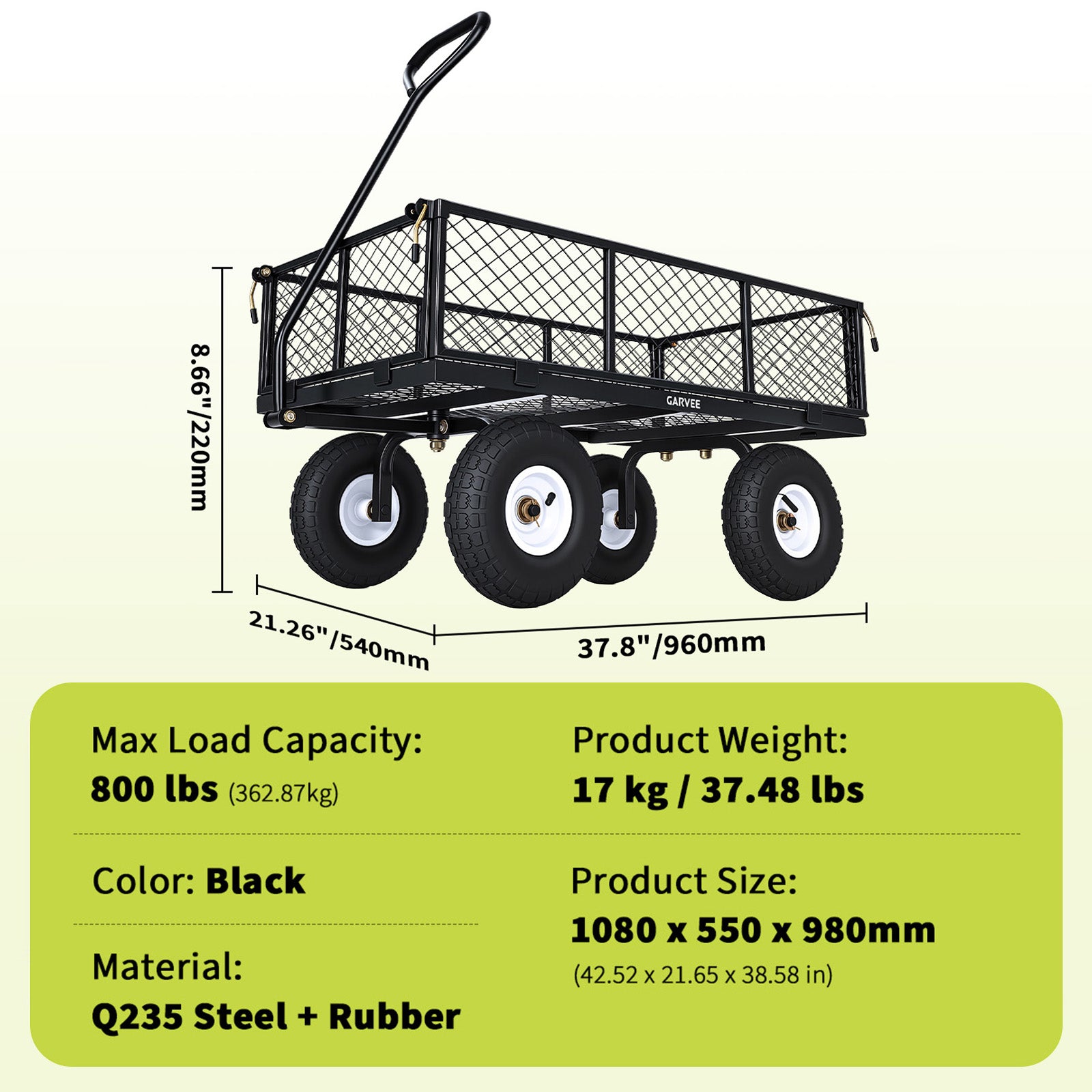 Garvee Versatile Outdoor Utility Cart - 800LBS Heavy-Duty, 10" All-Terrain Pneumatic Tires, Easy Maneuverable Lawn Cart with Removable Mesh Panels for Gardening & Landscaping, Black