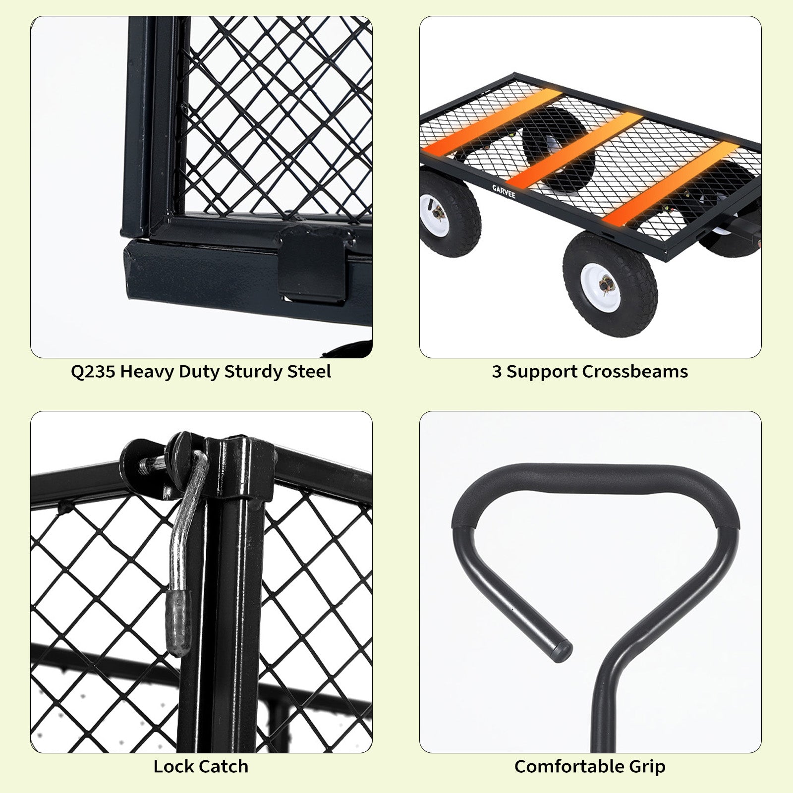 Garvee Versatile Outdoor Utility Cart - 800LBS Heavy-Duty, 10" All-Terrain Pneumatic Tires, Easy Maneuverable Lawn Cart with Removable Mesh Panels for Gardening & Landscaping, Black
