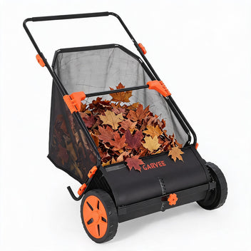 Garvee Heavy-Duty 21-Inch Push Lawn Sweeper – Steel Frame Outdoor Yard Cart with 3.5 cu ft Mesh Bag, 10" Rubber Wheels, 4 Rotating Brushes, Adjustable Height, Efficient Debris Collection – Black + Orange (RAL2004)