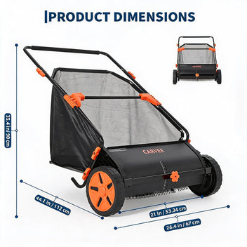 Garvee Heavy-Duty 21-Inch Push Lawn Sweeper – Steel Frame Outdoor Yard Cart with 3.5 cu ft Mesh Bag, 10" Rubber Wheels, 4 Rotating Brushes, Adjustable Height, Efficient Debris Collection – Black + Orange (RAL2004)