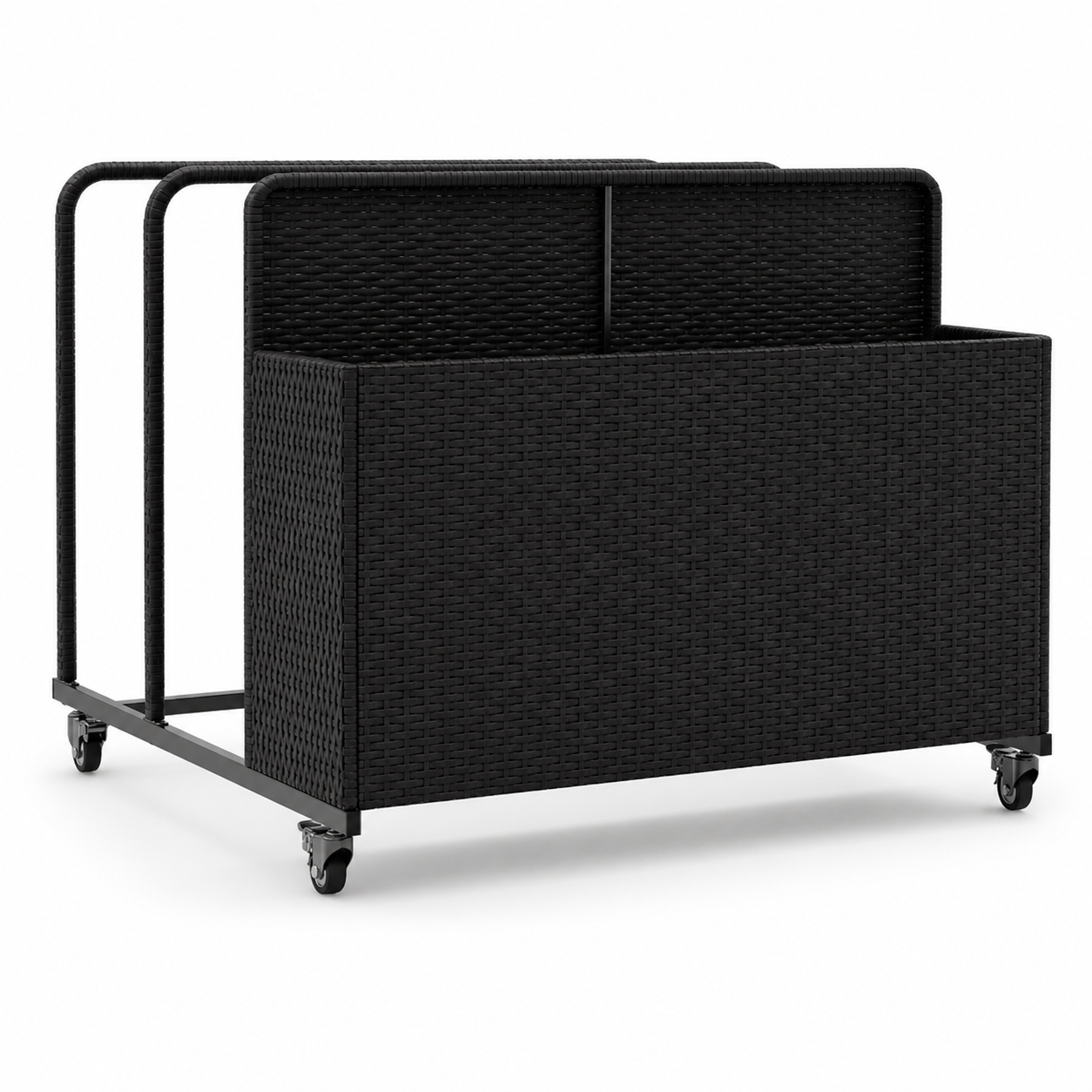 Garvee Rolling Pool Float Storage Organizer with Dual Handles, Outdoor Wicker Rattan Pool Caddy with Wheels, 3-Compartment Pool Toy Storage Basket for Poolside, Patio & Deck, Black