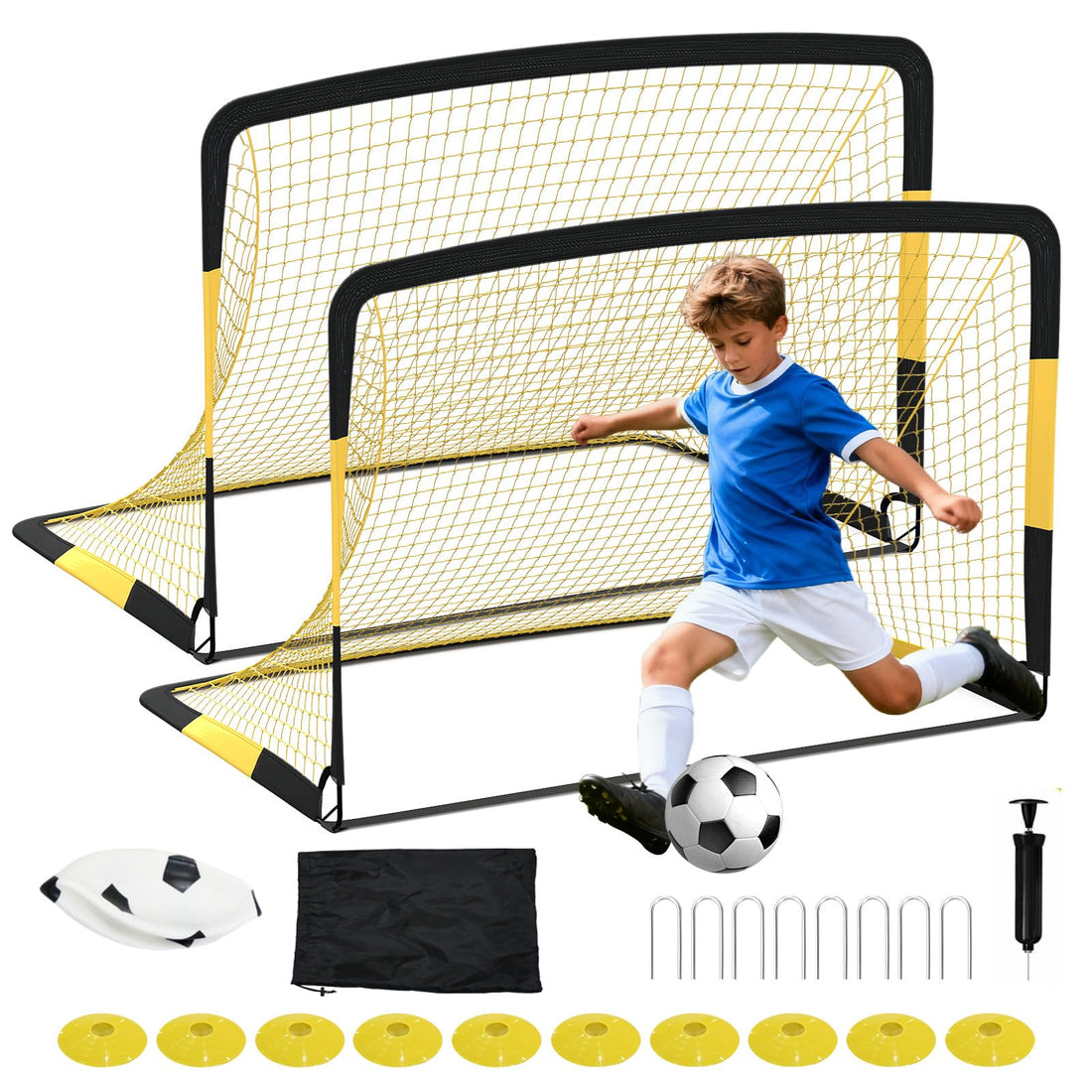 Garvee 2 Pack 6x4 FT Portable Pop Up Soccer Goals with Ball, Cones & Stakes - Backyard Training Set for Kids & Youth