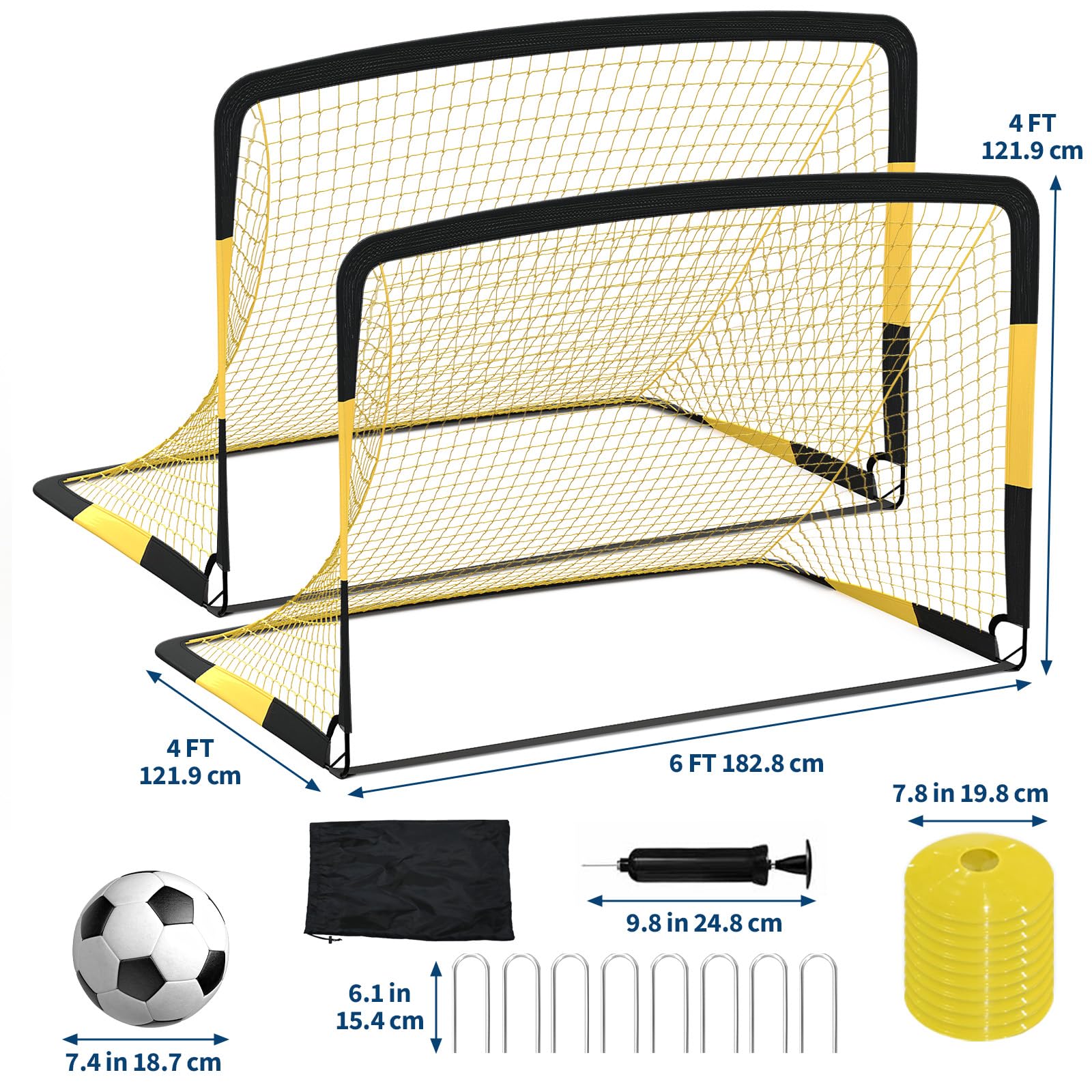 Garvee 2 Pack 6x4 FT Portable Pop Up Soccer Goals with Ball, Cones & Stakes - Backyard Training Set for Kids & Youth