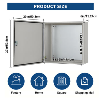 Garvee Heavy Duty Outdoor Electrical Junction Box - IP67 Waterproof Carbon Steel Enclosure with Lock & Wall Mount Hooks, 20x20x6 Inch Weatherproof Distribution Box for Home, Factory, Commercial Wiring
