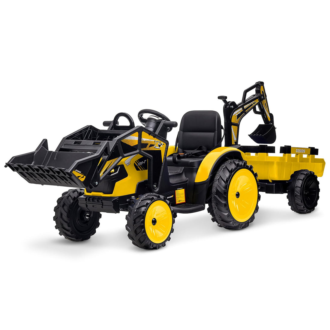 3 in 1 Ride on Tractor, Excavator & Bulldozer, 24V Electric Vehicle w/Trailer, Shovel Bucket, Digger, Remote Control, EVA Tire, LED Light, Music, USB & Bluetooth, Kids Ride on Car, Bright Yellow