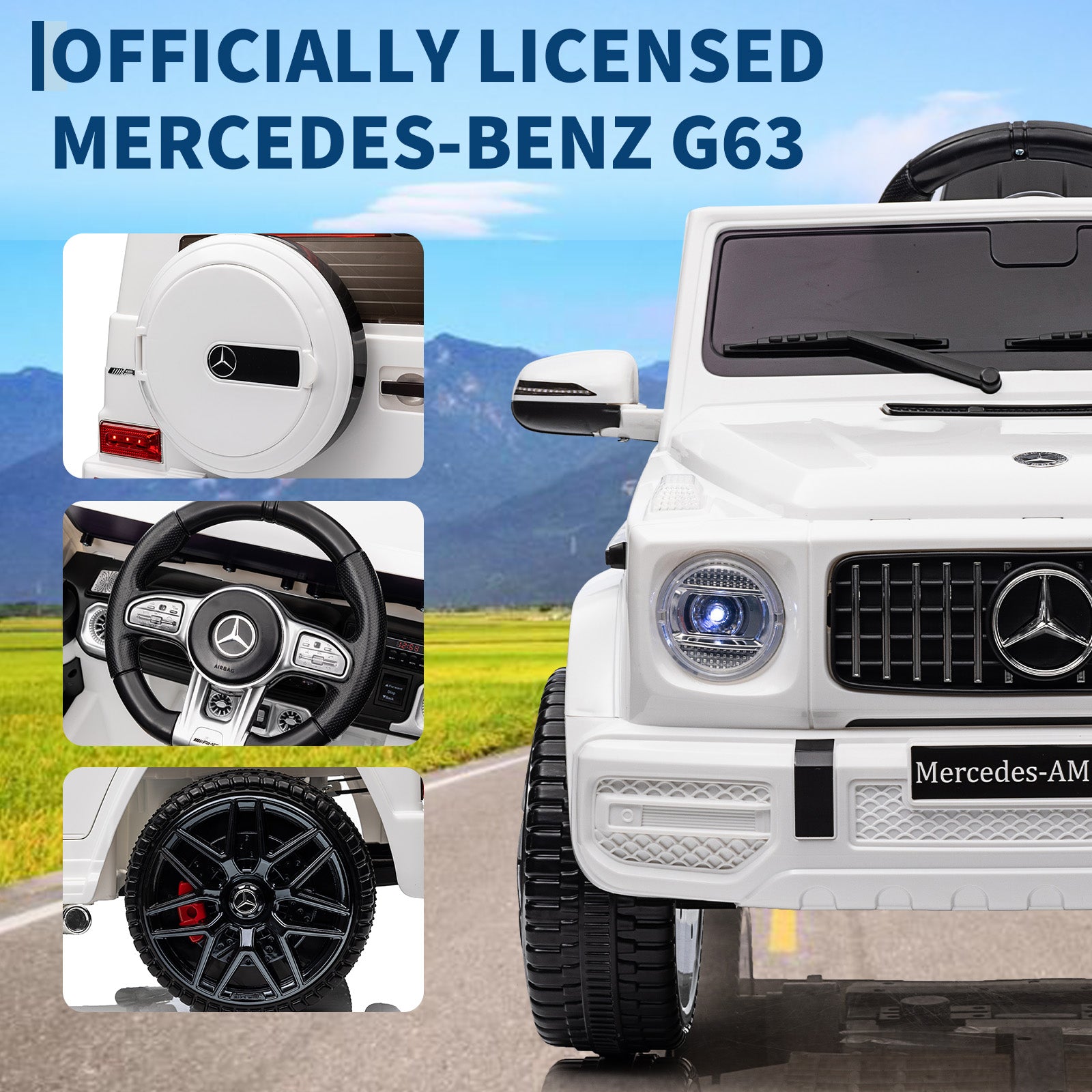 Garvee Ride P Series 12V Mercedes-Benz G63 Ride-On: Remote Control, Suspension, Soft Start, LED, Bluetooth, Music, 2x25W Motors - White
