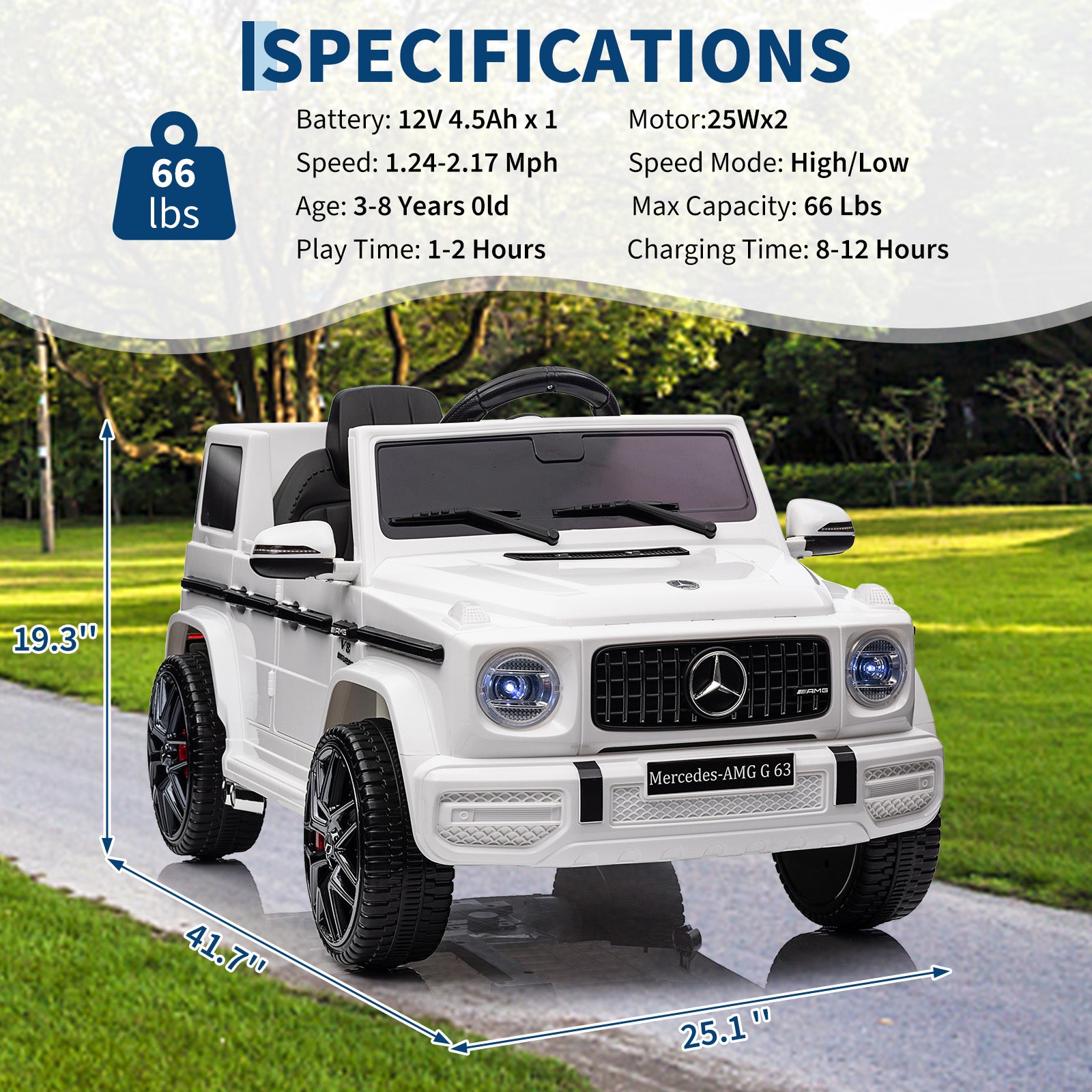 Garvee Ride P Series 12V Mercedes-Benz G63 Ride-On: Remote Control, Suspension, Soft Start, LED, Bluetooth, Music, 2x25W Motors - White