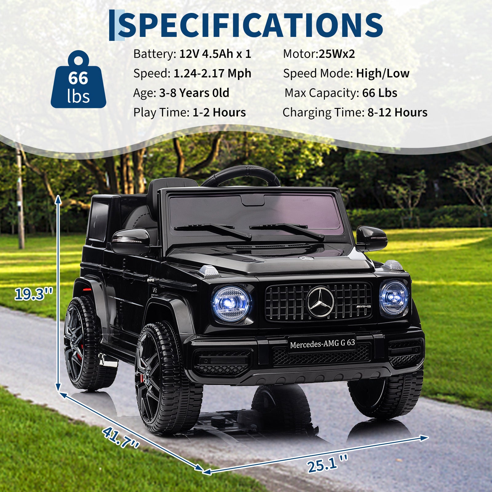 Garvee Ride P Series 12V Mercedes-Benz G63 Ride-On: Remote Control, Suspension, Soft Start, LED, Bluetooth, Music, 2x25W Motors - Black