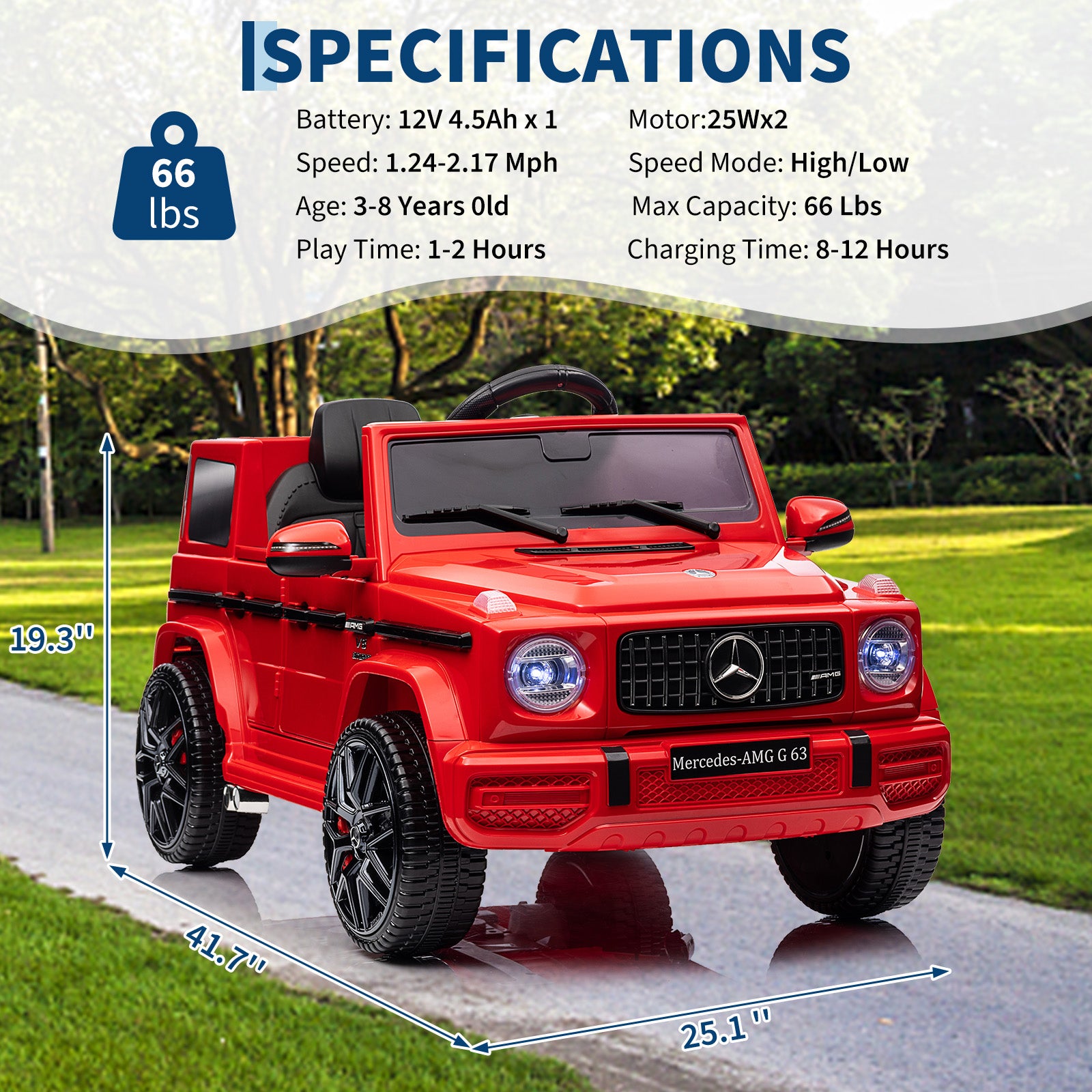 Garvee Ride P Series 12V Mercedes-Benz G63 Ride-On: Remote Control, Suspension, Soft Start, LED, Bluetooth, Music, 2x25W Motors - Red