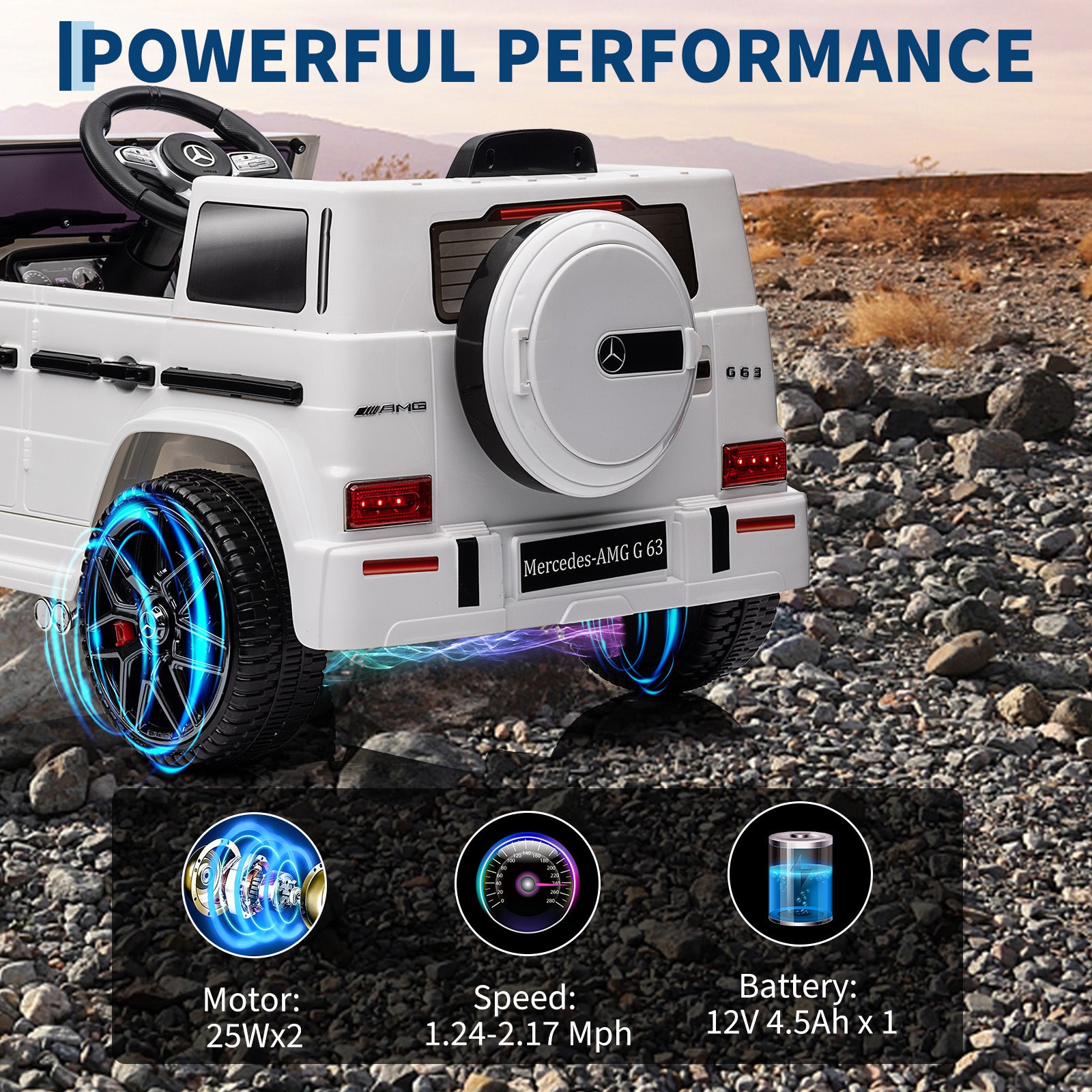 Garvee Ride P Series 12V Mercedes-Benz G63 Ride-On: Remote Control, Suspension, Soft Start, LED, Bluetooth, Music, 2x25W Motors - White