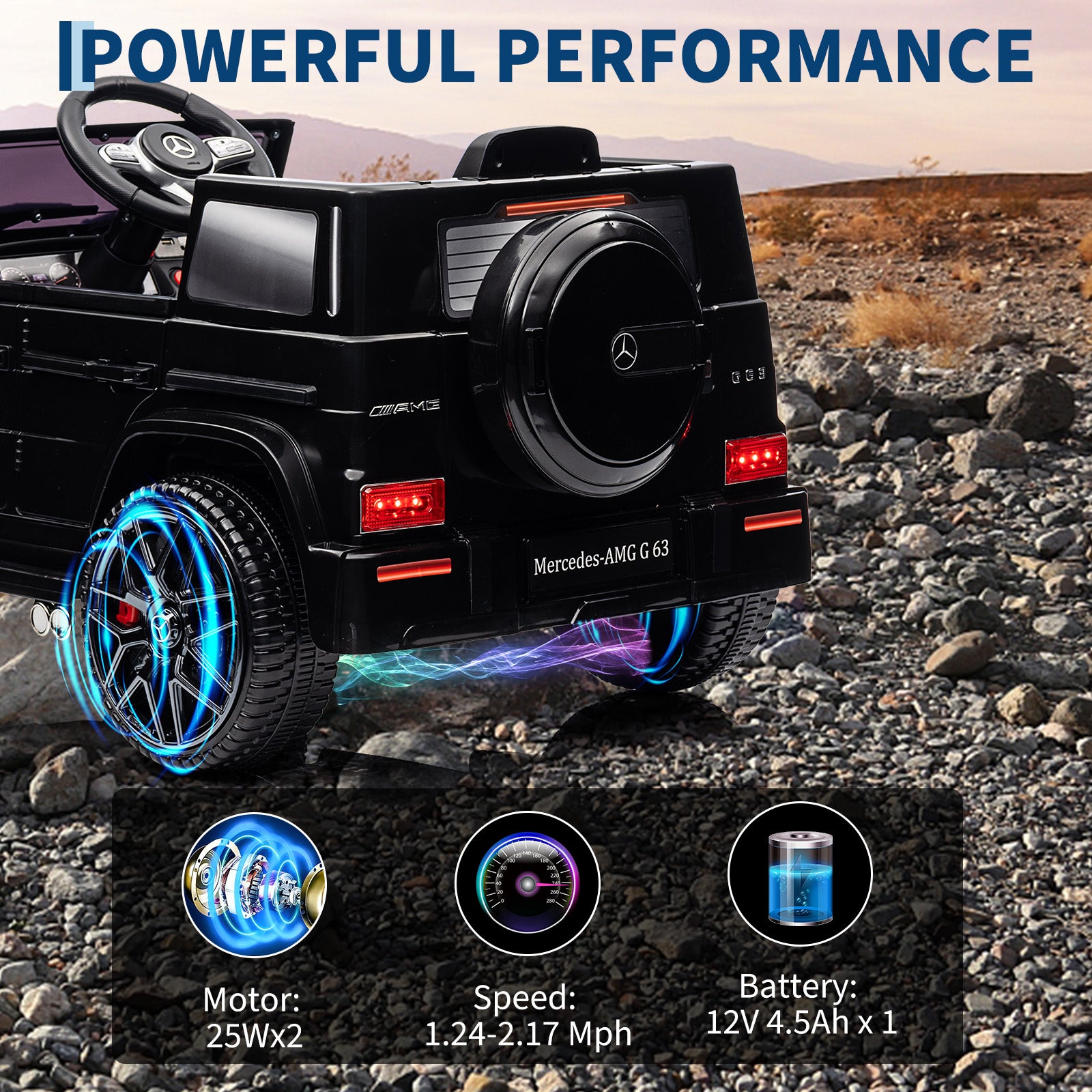 Garvee Ride P Series 12V Mercedes-Benz G63 Ride-On: Remote Control, Suspension, Soft Start, LED, Bluetooth, Music, 2x25W Motors - Black