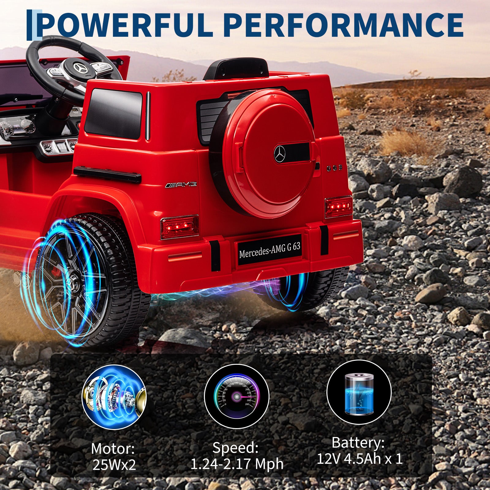 Garvee Ride P Series 12V Mercedes-Benz G63 Ride-On: Remote Control, Suspension, Soft Start, LED, Bluetooth, Music, 2x25W Motors - Red