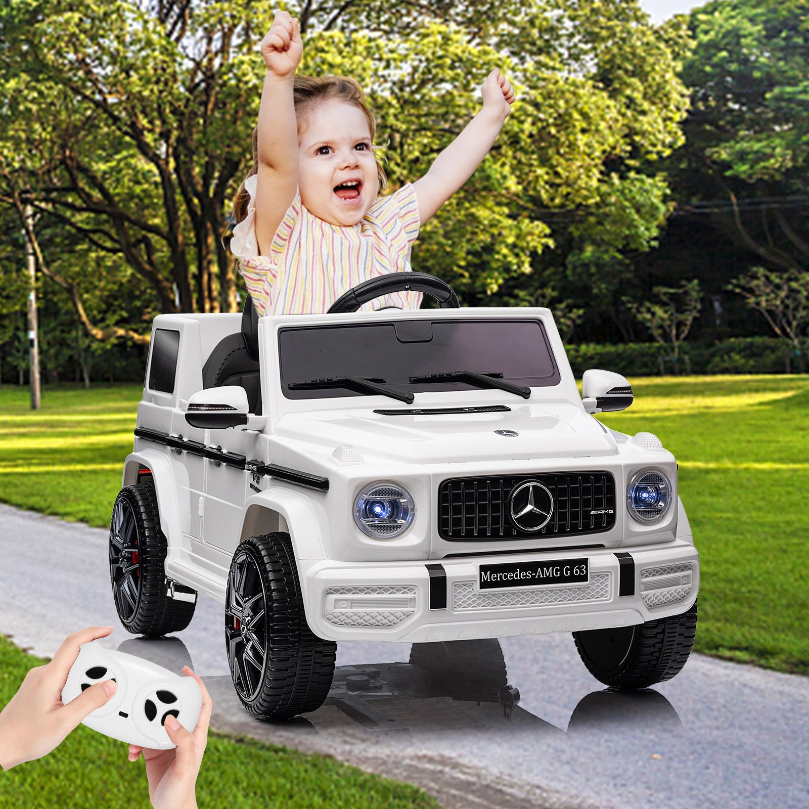 Garvee Ride P Series 12V Mercedes-Benz G63 Ride-On: Remote Control, Suspension, Soft Start, LED, Bluetooth, Music, 2x25W Motors - White